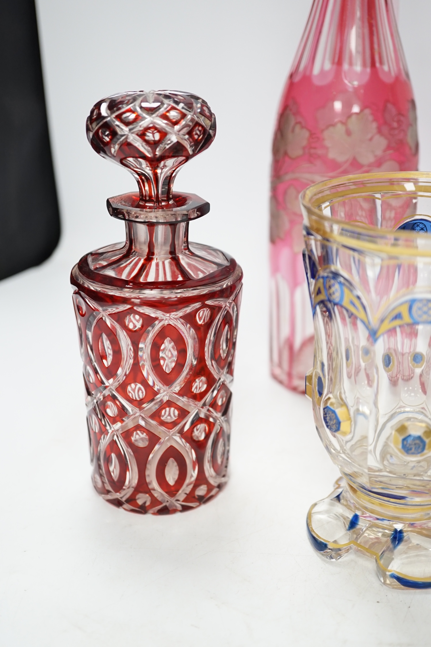 Six pieces of Victorian and later glassware including Italian Vedar cocktail goblet, Bohemian cranberry glass atomiser and art glass vase, tallest 34cm. Condition - poor, fair and good, smallest piece broken and restored